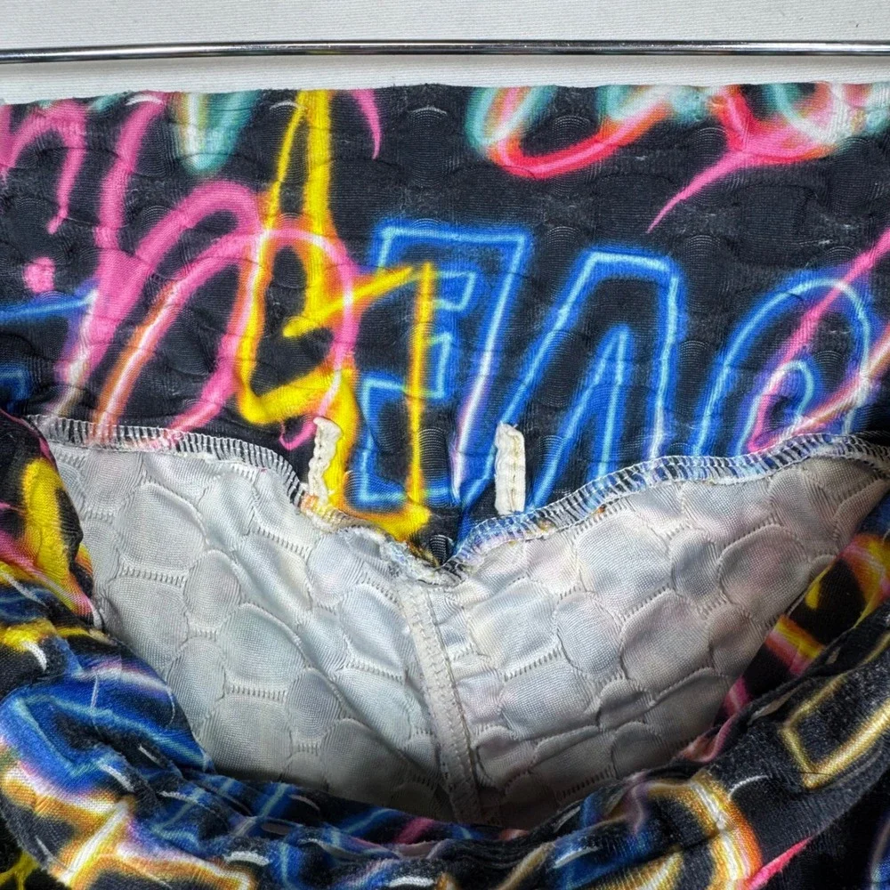Neon Graffiti Print Shorts Festival Rave Drawstring High Waist Y2K Sz S/M No Tag